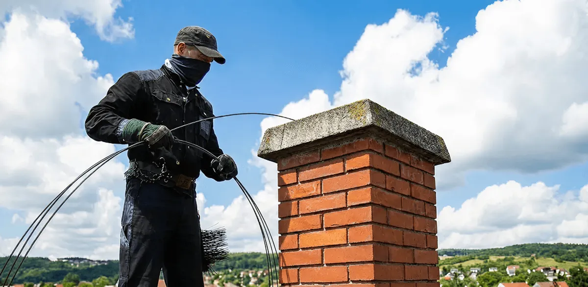 Chimney sweep cleaning a brick chimney with professional tools in Oklahoma City, OK