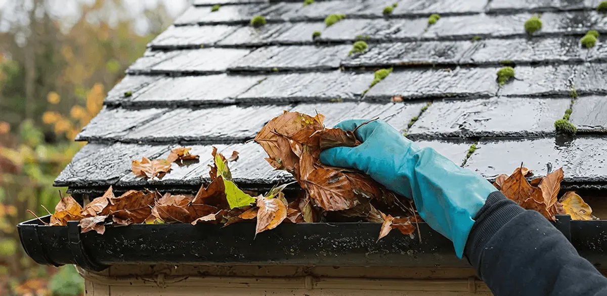Gutter cleaning technician clearing wet leaves from roof gutters in Oklahoma City, OK